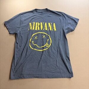 Nirvana T-Shirt Size Medium Blue with Yellow Smiley Face Logo Kurt Cobain